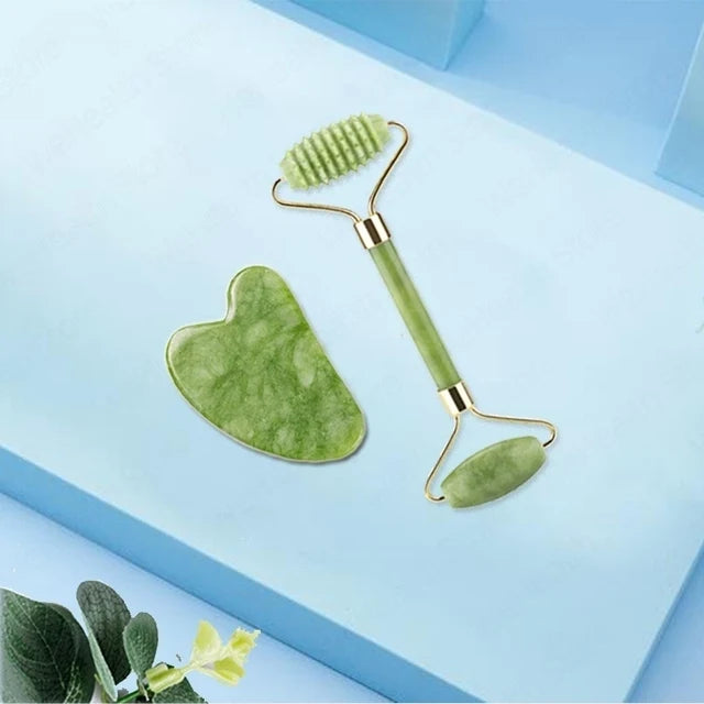 Set Gua Sha Facial — Rodillo de Jade + Herramienta Raspadora