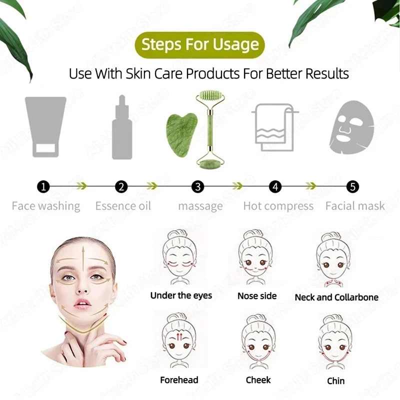 Set Gua Sha Facial — Rodillo de Jade + Herramienta Raspadora