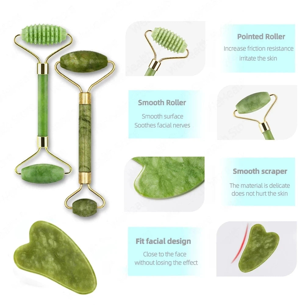 Set Gua Sha Facial — Rodillo de Jade + Herramienta Raspadora